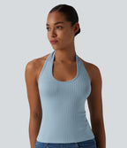 Ribbed Knit Halter Casual Tank Top — Forget-Me-Not — view 5