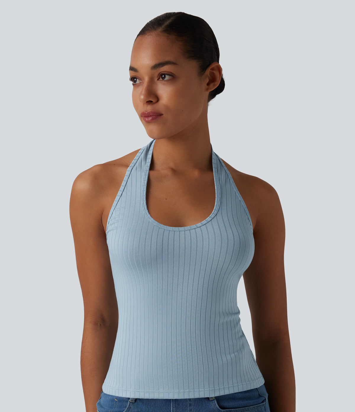 Ribbed Knit Halter Casual Tank Top — Forget-Me-Not — view 5
