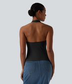 Ribbed Knit Halter Casual Tank Top — Black — view 8