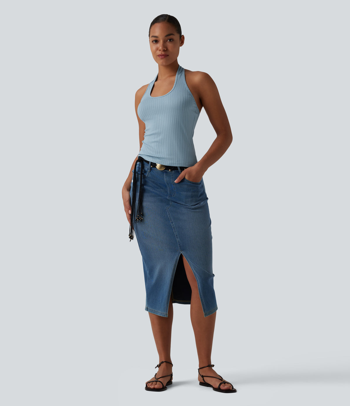 Ribbed Knit Halter Casual Tank Top — Forget-Me-Not — view 6