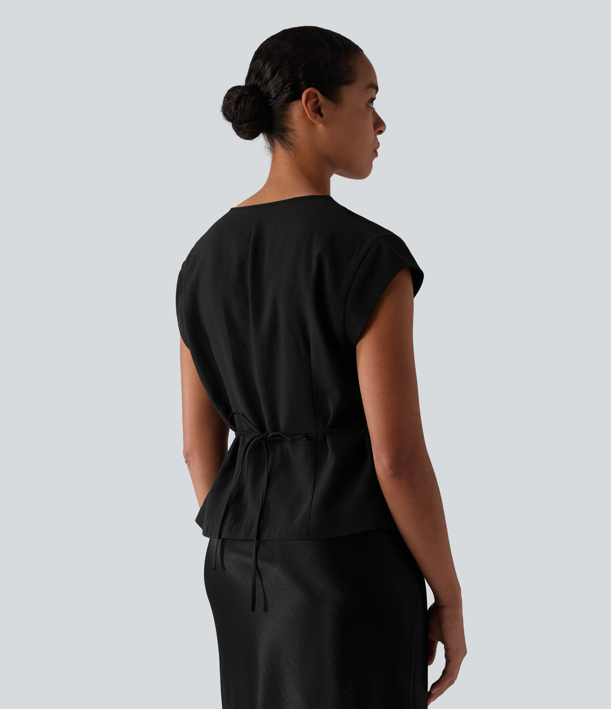 V Neck Short Sleeve Tie Front Work Linen-Feel Blouse — Black — view 4