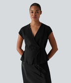 V Neck Short Sleeve Tie Front Work Linen-Feel Blouse — Black — view 1