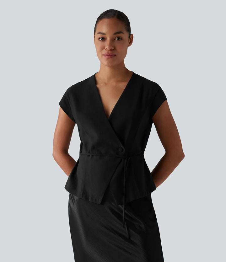 V Neck Short Sleeve Tie Front Work Linen-Feel Blouse — Black — view 1