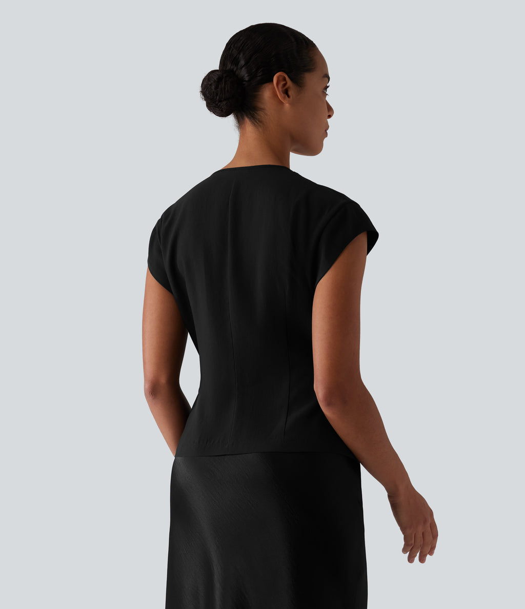 V Neck Short Sleeve Tie Front Work Linen-Feel Blouse — Black — view 2