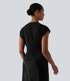 V Neck Short Sleeve Tie Front Work Linen-Feel Blouse — Black — view 2