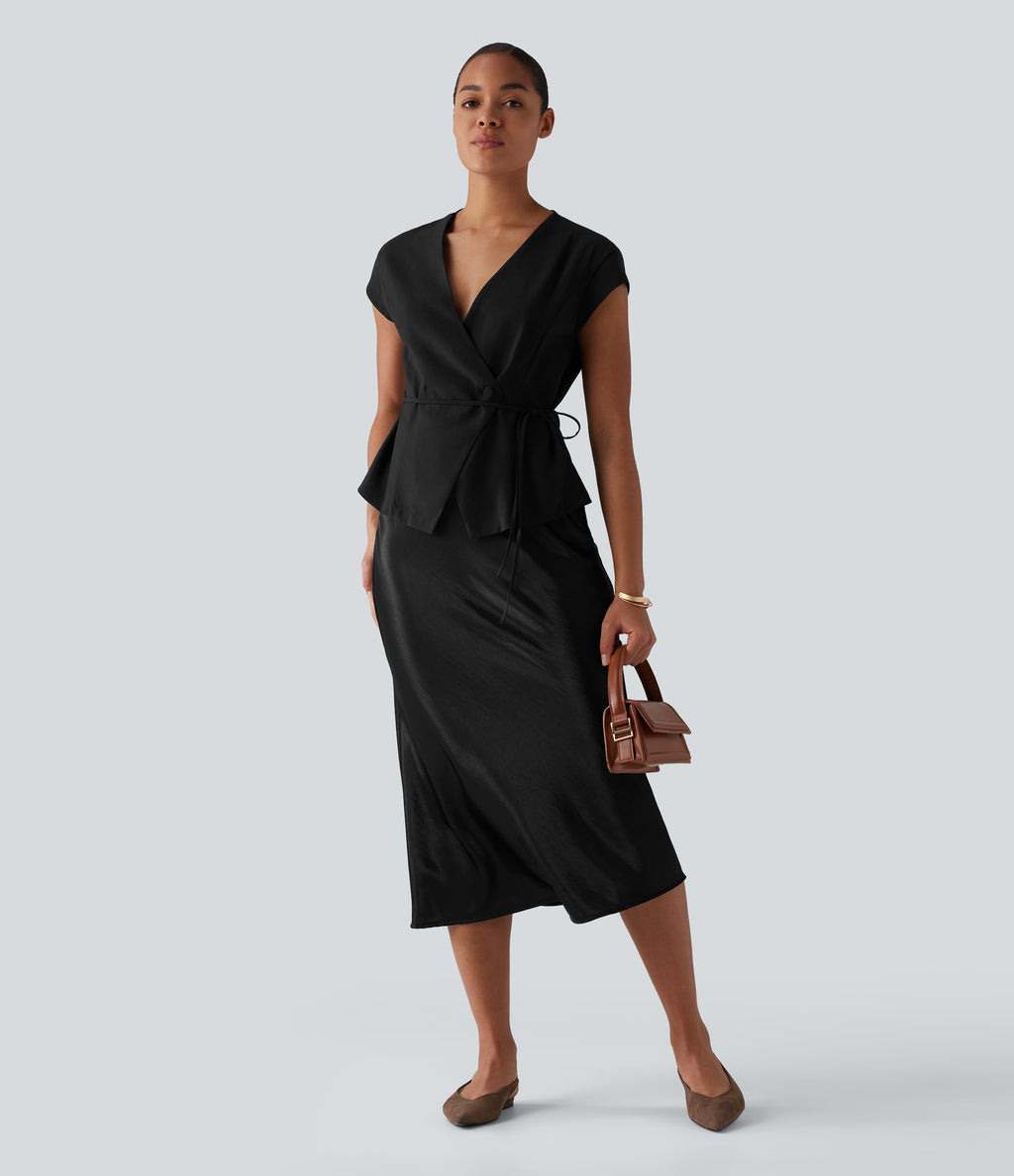 V Neck Short Sleeve Tie Front Work Linen-Feel Blouse — Black — view 6