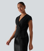 V Neck Short Sleeve Tie Front Work Linen-Feel Blouse — Black — view 3