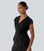 V Neck Short Sleeve Tie Front Work Linen-Feel Blouse — Black — view 5