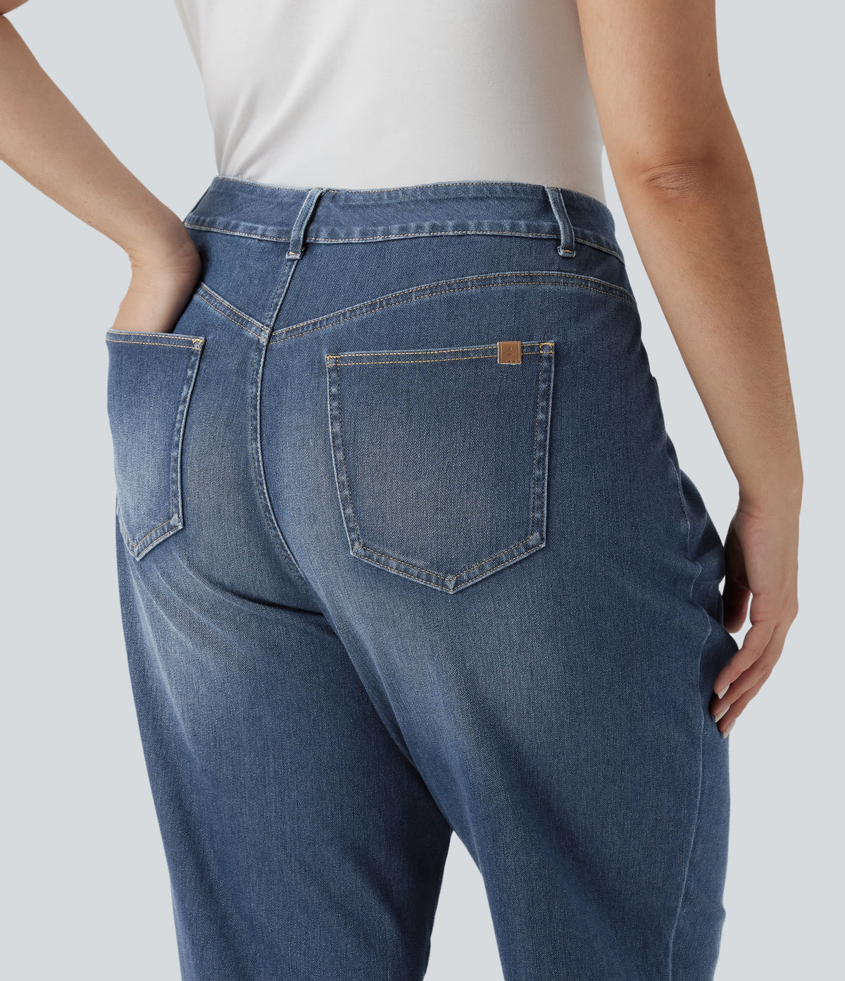 Plus Size High Waisted Rolled Hem Casaul Slim Jeans with Pockets — Estate Blue Denim — view 5