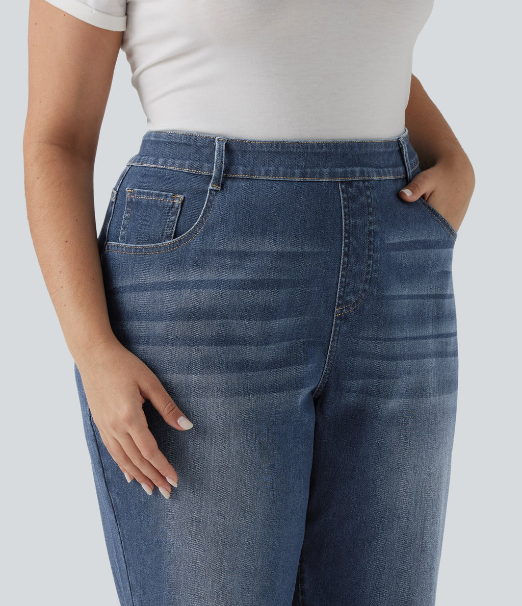 Plus Size High Waisted Rolled Hem Casaul Slim Jeans with Pockets — Estate Blue Denim — view 4