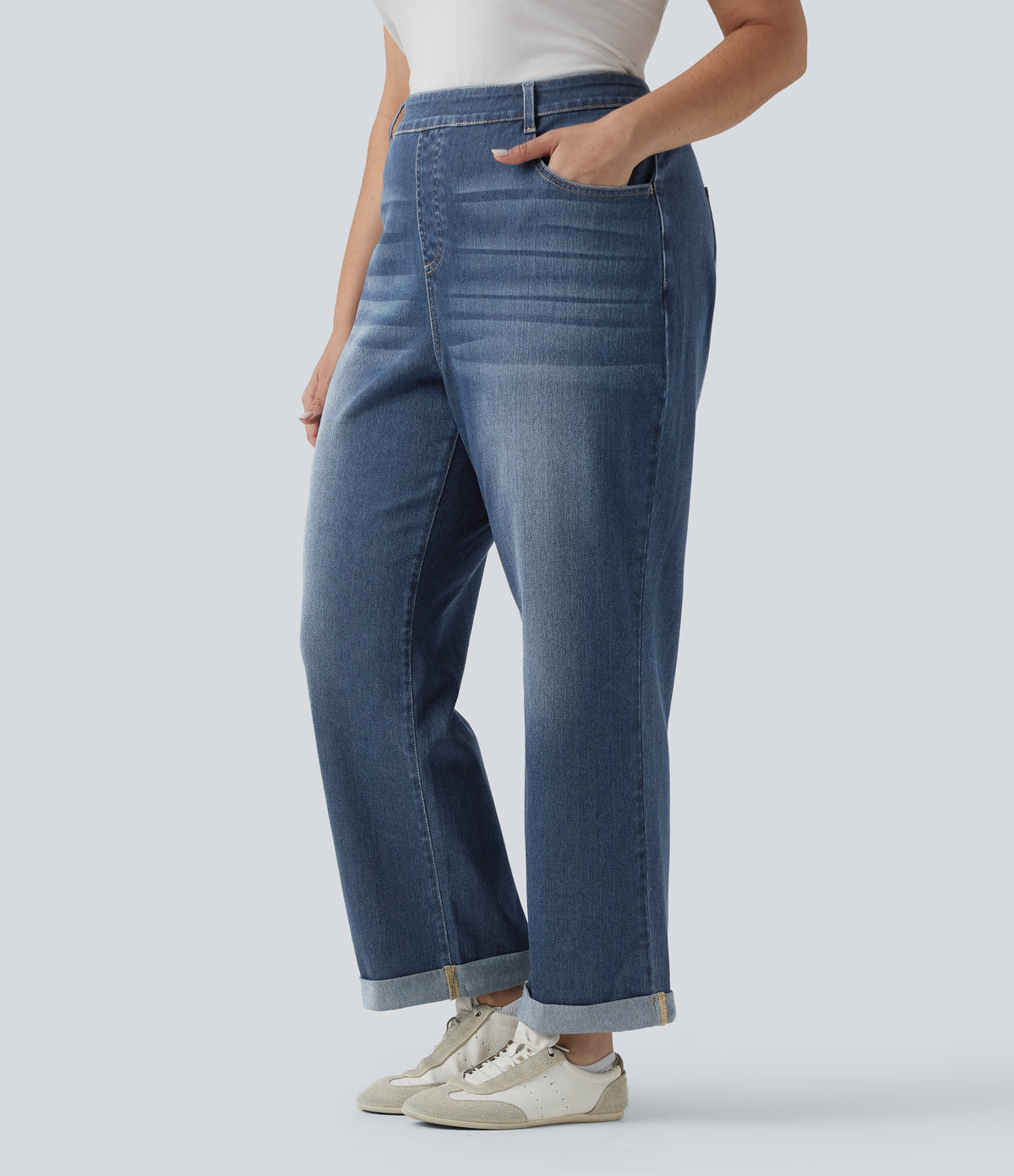 Plus Size High Waisted Rolled Hem Casaul Slim Jeans with Pockets — Estate Blue Denim — view 1