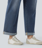 Plus Size High Waisted Rolled Hem Casaul Slim Jeans with Pockets — Estate Blue Denim — view 6