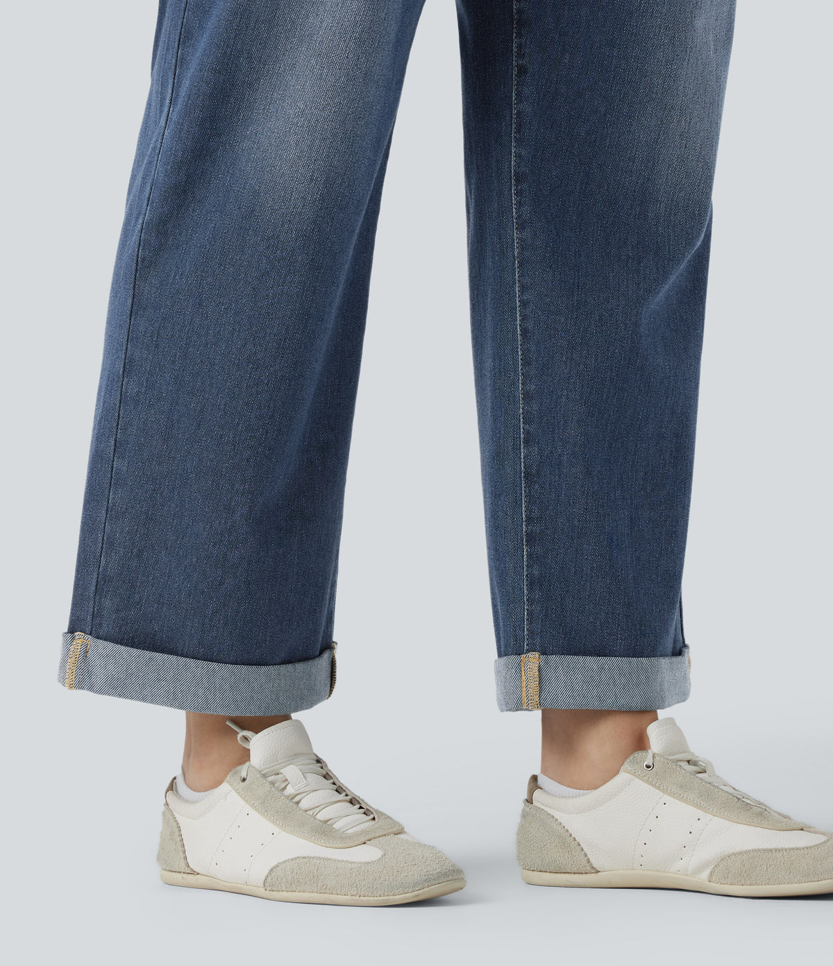 Plus Size High Waisted Rolled Hem Casaul Slim Jeans with Pockets — Estate Blue Denim — view 6