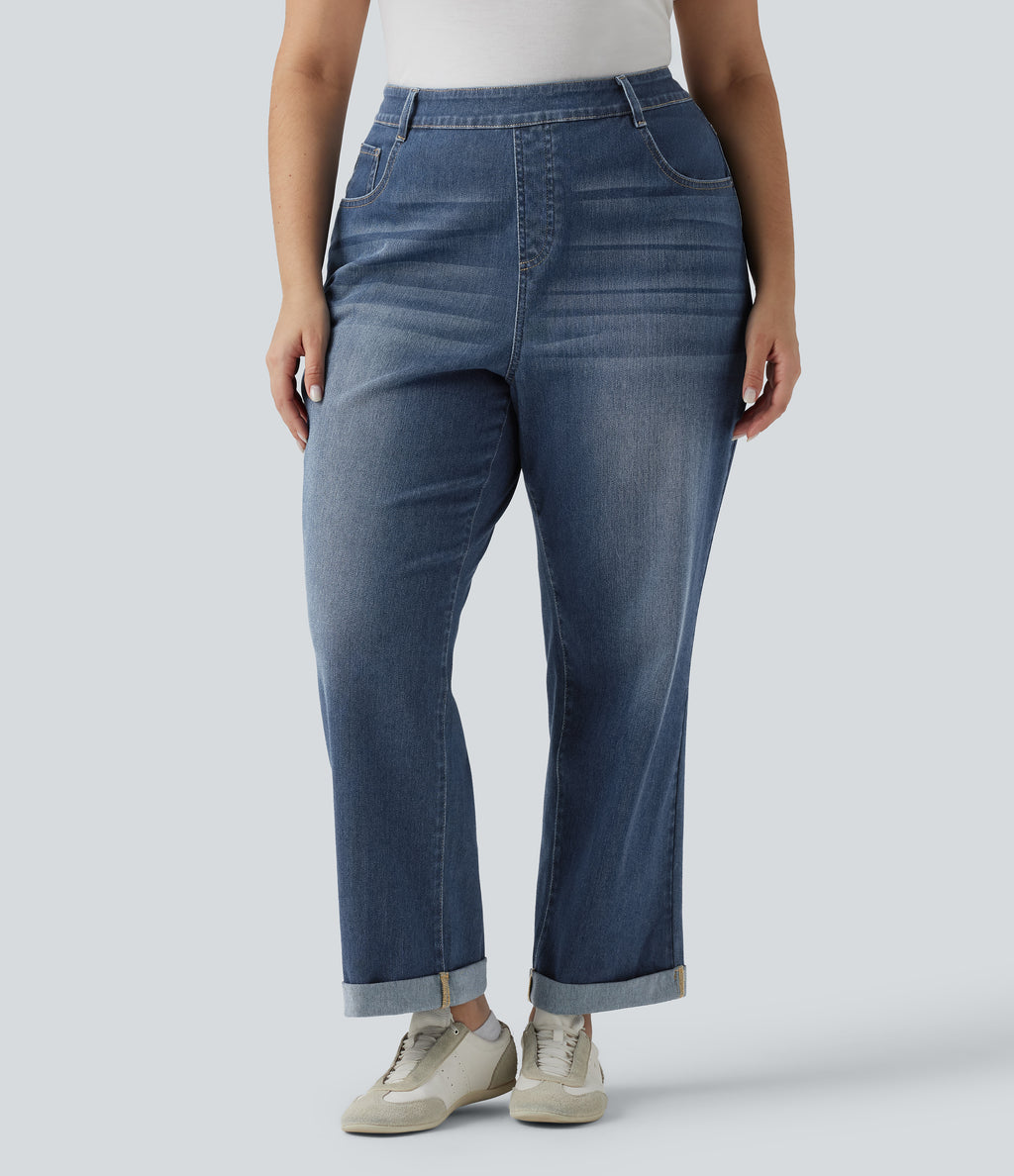 Plus Size High Waisted Rolled Hem Casaul Slim Jeans with Pockets — Estate Blue Denim — view 3
