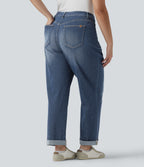 Plus Size High Waisted Rolled Hem Casaul Slim Jeans with Pockets — Estate Blue Denim — view 2
