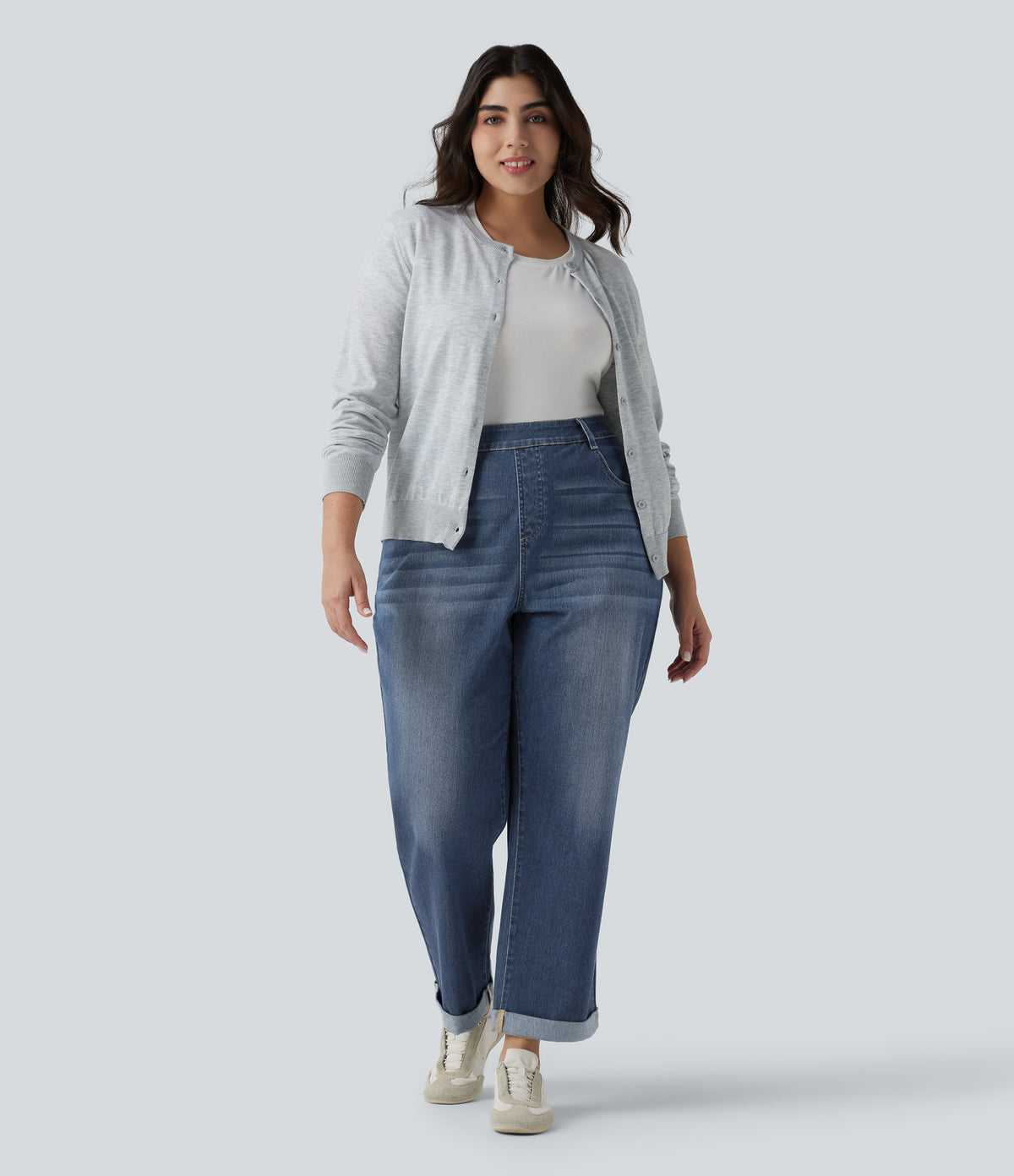 Plus Size High Waisted Rolled Hem Casaul Slim Jeans with Pockets — Estate Blue Denim — view 7