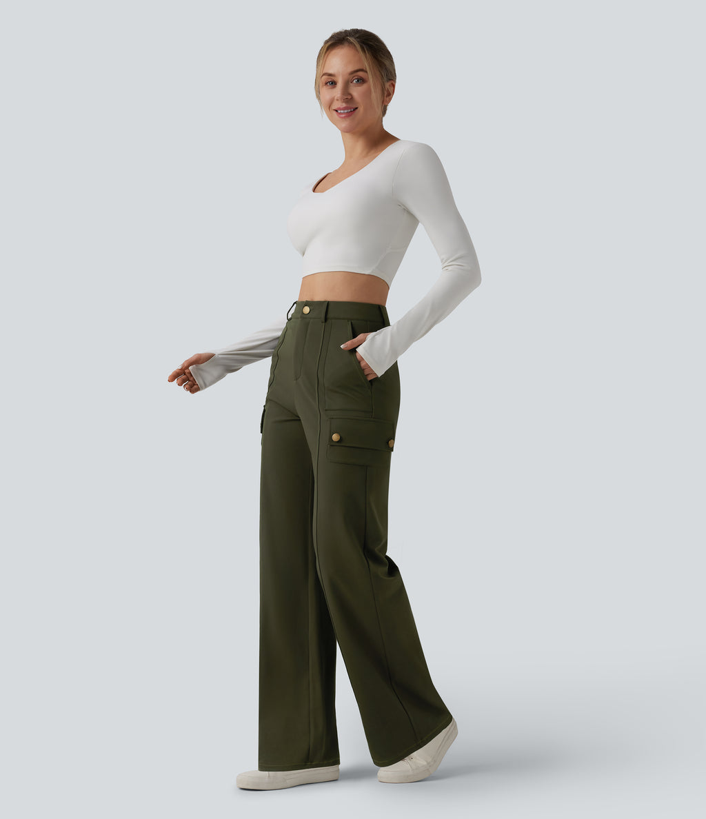 High Waisted Straight Leg Casual Cargo Trousers with Pockets — Forest Night — view 6