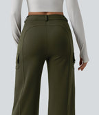 High Waisted Straight Leg Casual Cargo Trousers with Pockets — Forest Night — view 4