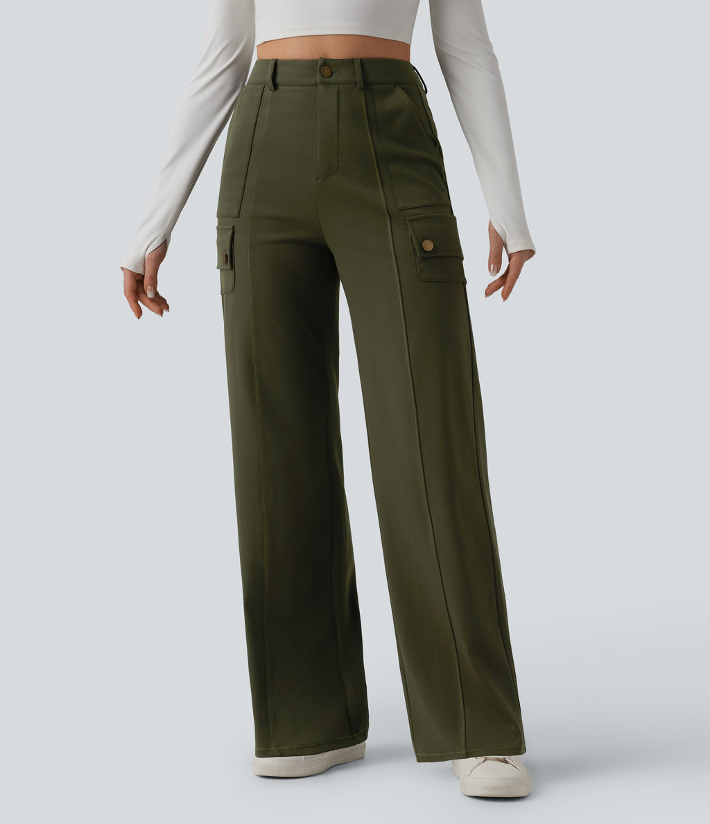 High Waisted Straight Leg Casual Cargo Trousers with Pockets — Forest Night — view 1
