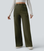 High Waisted Straight Leg Casual Cargo Trousers with Pockets — Forest Night — view 1