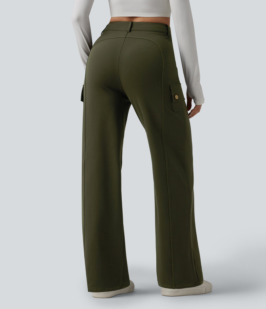 High Waisted Straight Leg Casual Cargo Trousers with Pockets — Forest Night — view 2
