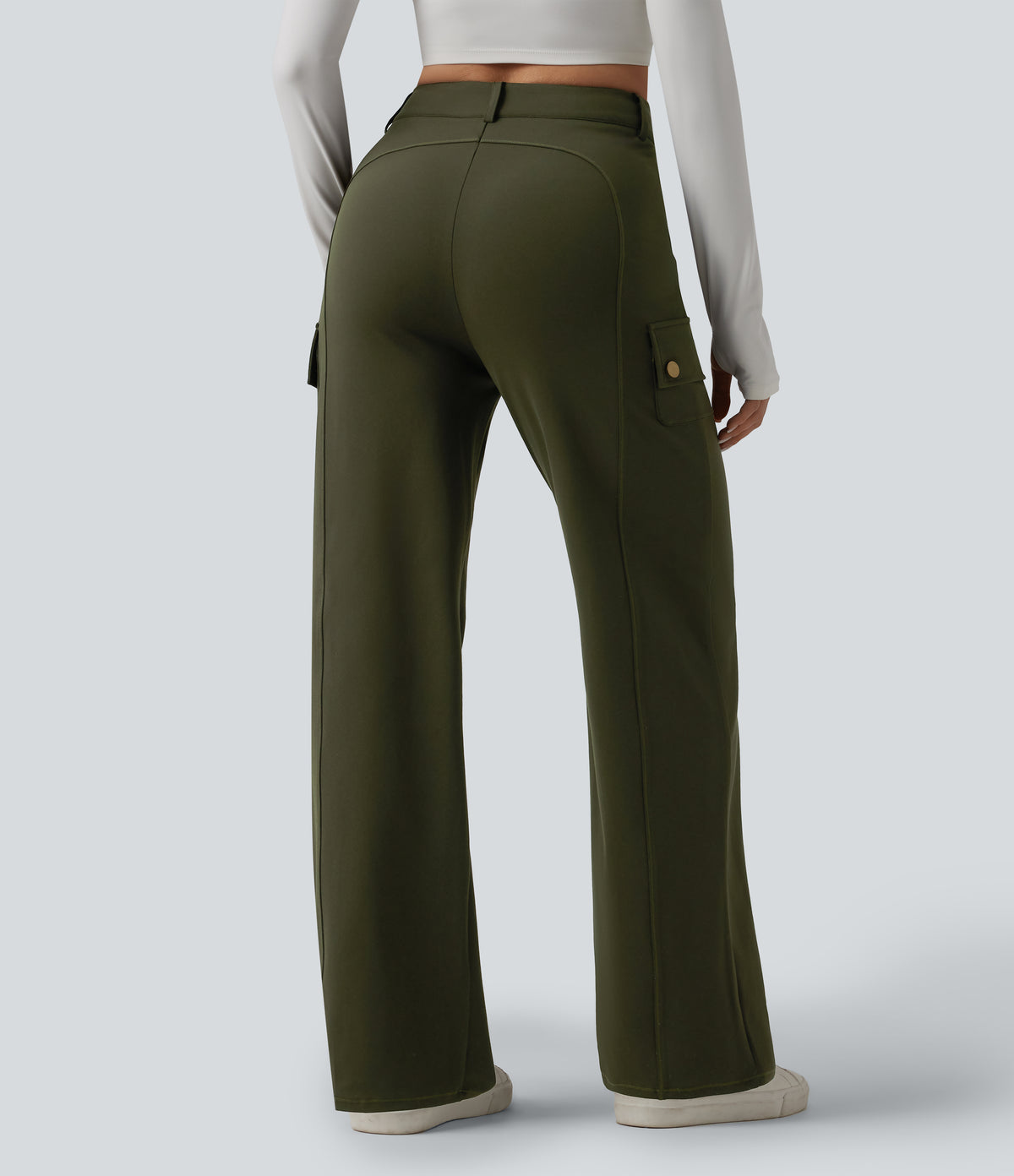 High Waisted Straight Leg Casual Cargo Trousers with Pockets — Forest Night — view 2