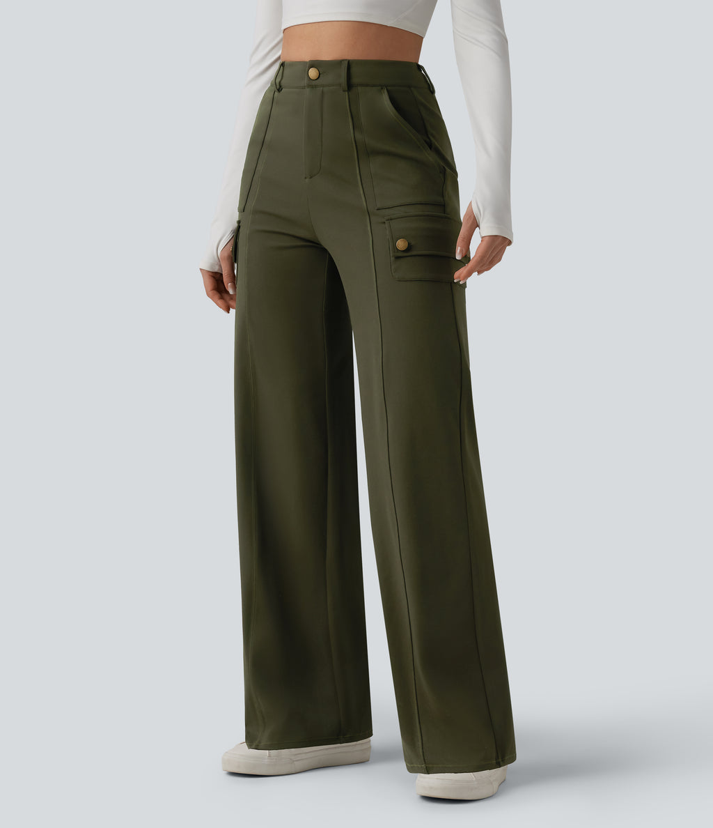 High Waisted Straight Leg Casual Cargo Trousers with Pockets — Forest Night — view 3