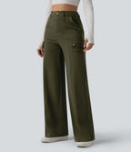 High Waisted Straight Leg Casual Cargo Trousers with Pockets — Forest Night — view 3