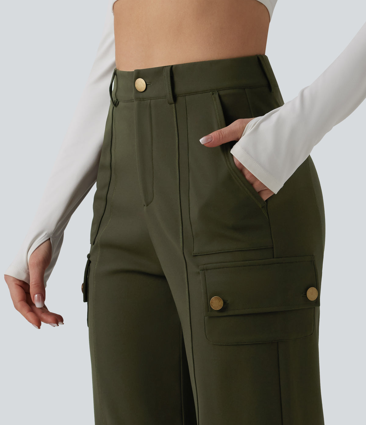 High Waisted Straight Leg Casual Cargo Trousers with Pockets — Forest Night — view 5