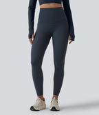 High Waisted Tummy Control Crossover Back Running Leggings with Pockets — Carbon — view 2