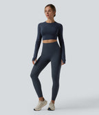 High Waisted Tummy Control Crossover Back Running Leggings with Pockets — Carbon — view 6
