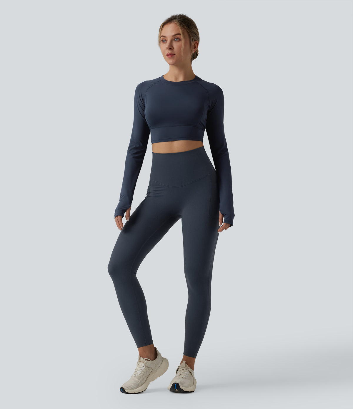 High Waisted Tummy Control Crossover Back Running Leggings with Pockets — Carbon — view 6