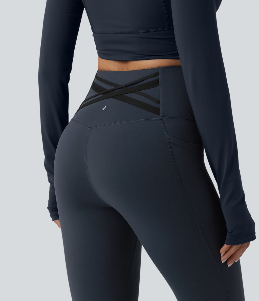 High Waisted Tummy Control Crossover Back Running Leggings with Pockets — Carbon — view 4