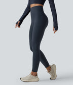 High Waisted Tummy Control Crossover Back Running Leggings with Pockets — Carbon — view 3