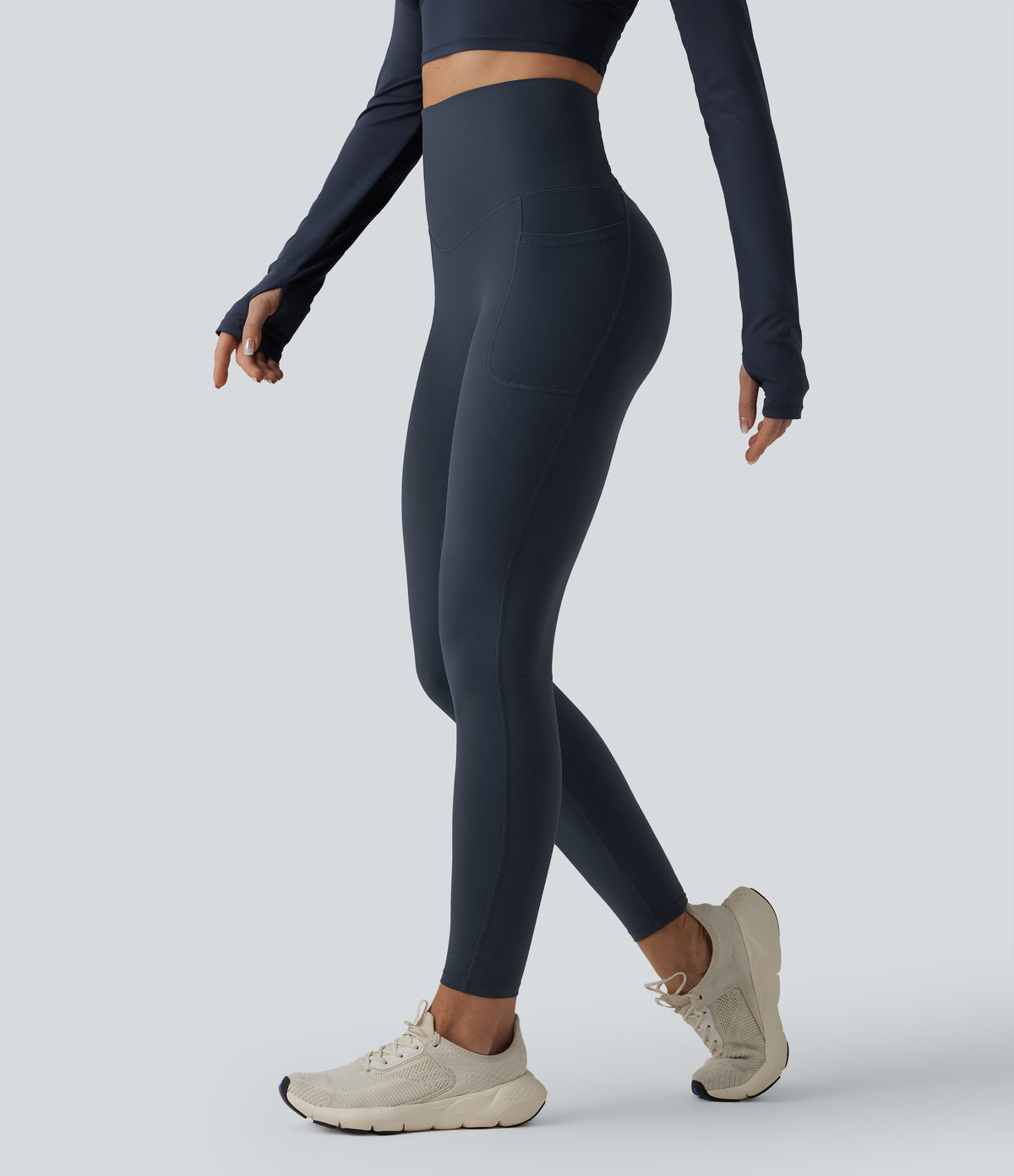 High Waisted Tummy Control Crossover Back Running Leggings with Pockets — Carbon — view 3