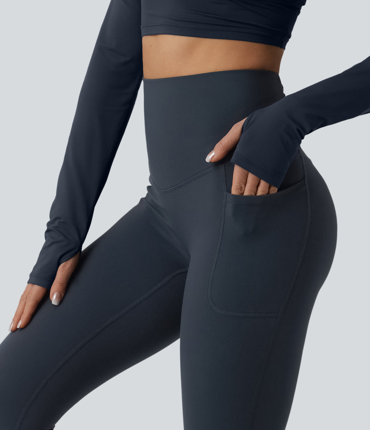 High Waisted Tummy Control Crossover Back Running Leggings with Pockets — Carbon — view 5