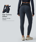 High Waisted Tummy Control Crossover Back Running Leggings with Pockets — Carbon — view 1
