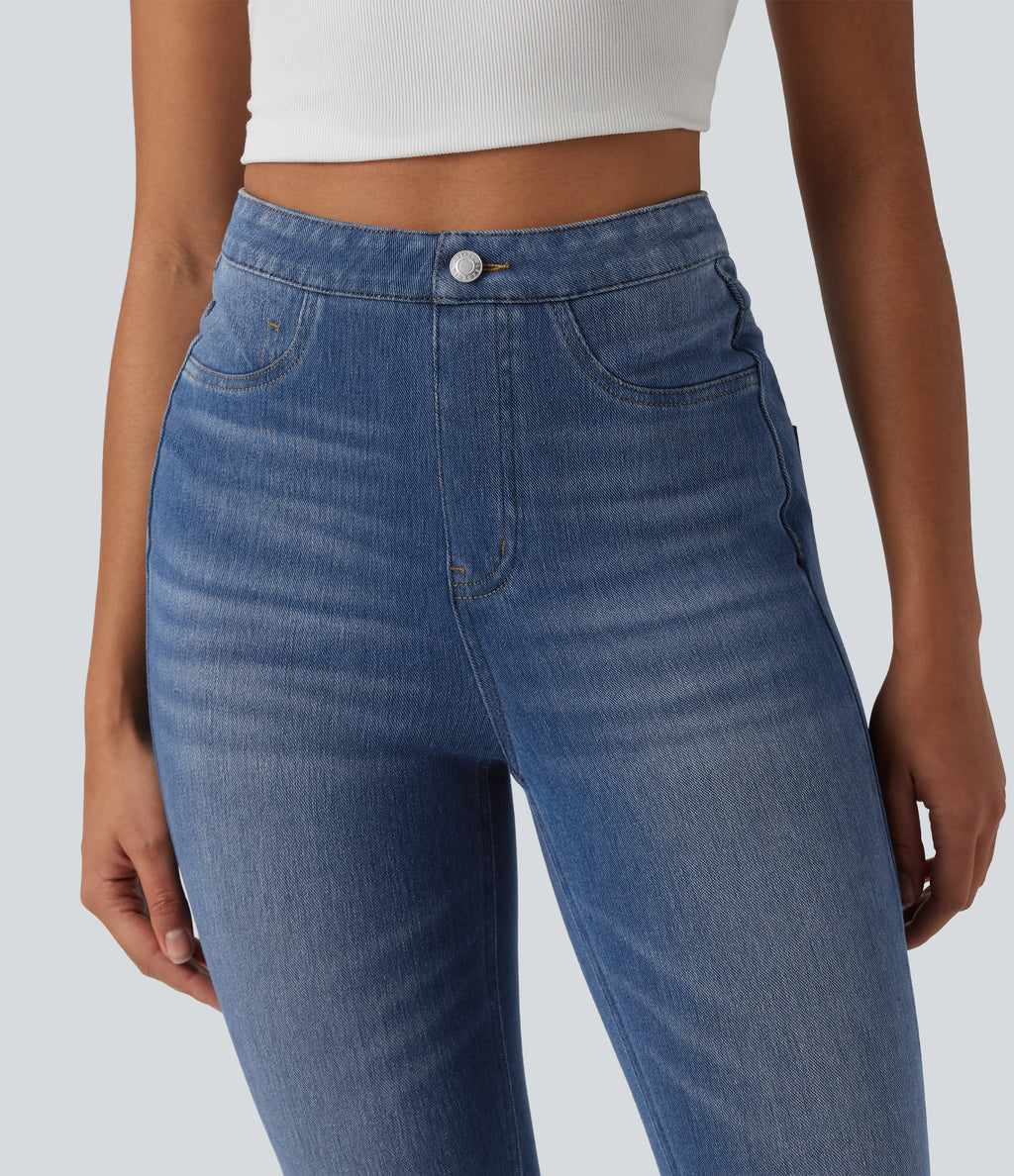 High Waisted Tummy Control Denim Casual Leggings with Pockets — Blue Jasper Denim — view 5