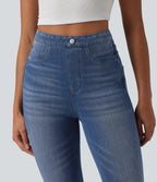 High Waisted Tummy Control Denim Casual Leggings with Pockets — Blue Jasper Denim — view 5