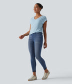High Waisted Tummy Control Denim Casual Leggings with Pockets — Blue Jasper Denim — view 6