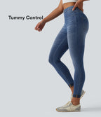 High Waisted Tummy Control Denim Casual Leggings with Pockets — Blue Jasper Denim — view 1