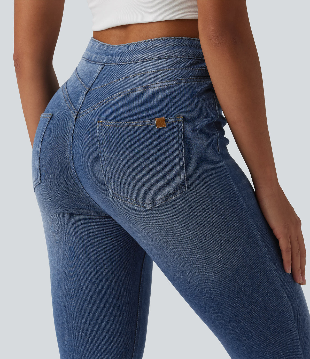 High Waisted Tummy Control Denim Casual Leggings with Pockets — Blue Jasper Denim — view 4