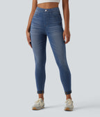 High Waisted Tummy Control Denim Casual Leggings with Pockets — Blue Jasper Denim — view 3