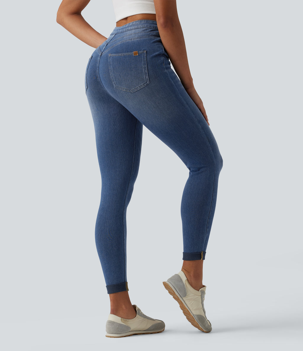 High Waisted Tummy Control Denim Casual Leggings with Pockets — Blue Jasper Denim — view 2