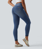 High Waisted Tummy Control Denim Casual Leggings with Pockets — Blue Jasper Denim — view 2