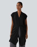 V Neck Wrapped Sleeveless Linen-Feel Work Blouse — Black — view 2