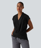 V Neck Wrapped Sleeveless Linen-Feel Work Blouse — Black — view 5