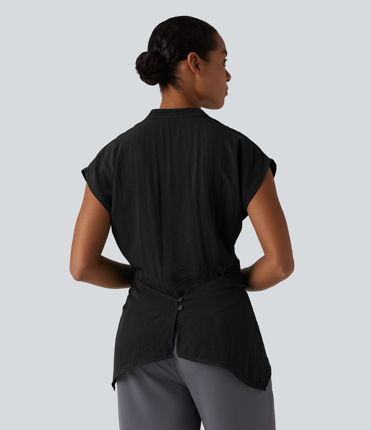 V Neck Wrapped Sleeveless Linen-Feel Work Blouse — Black — view 3