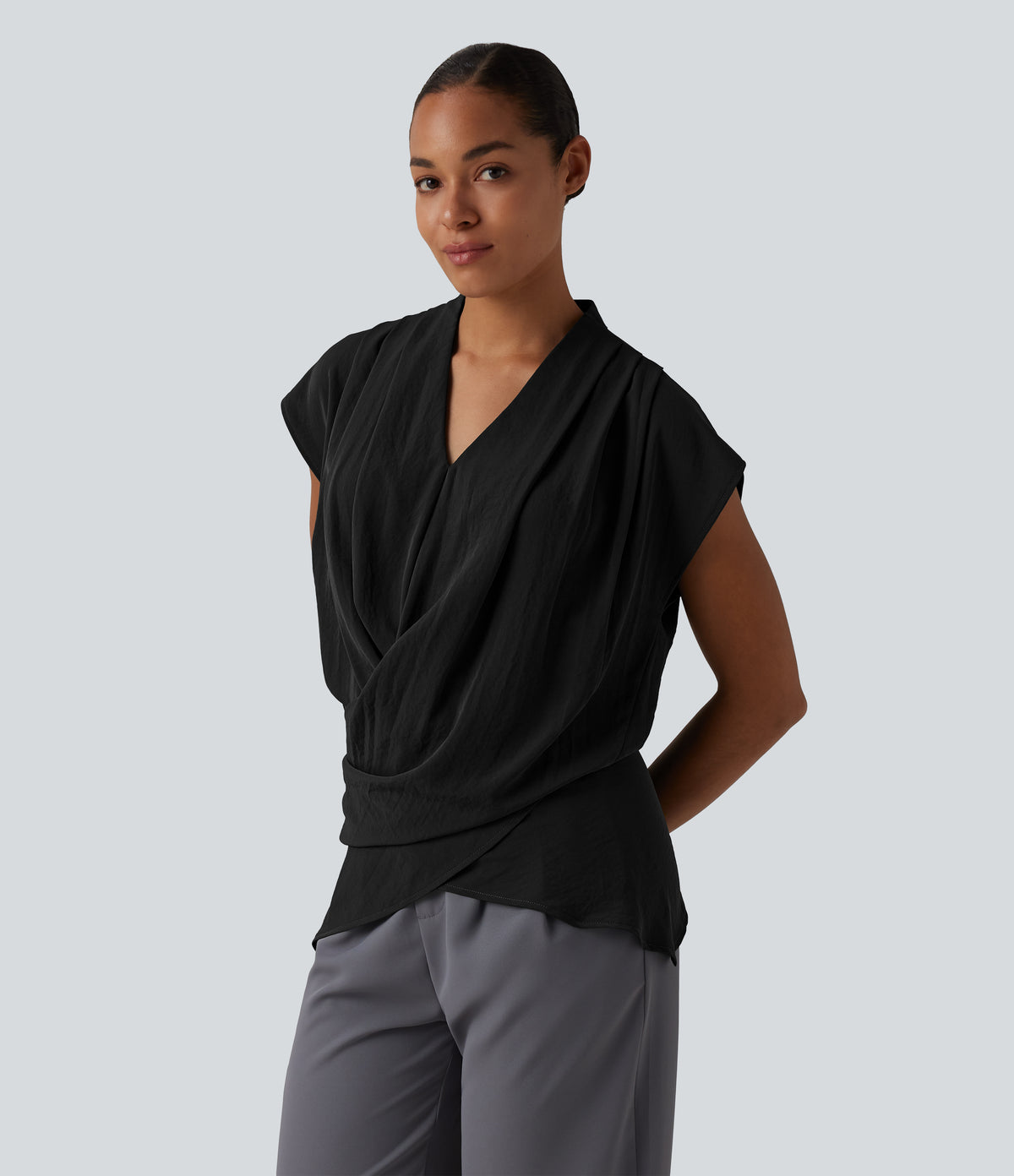 V Neck Wrapped Sleeveless Linen-Feel Work Blouse — Black — view 4