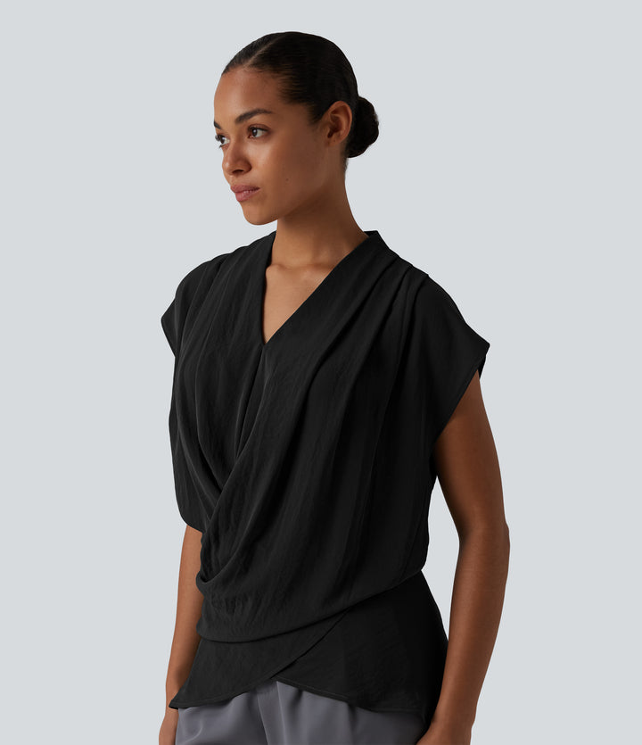 V Neck Wrapped Sleeveless Linen-Feel Work Blouse — Black — view 1